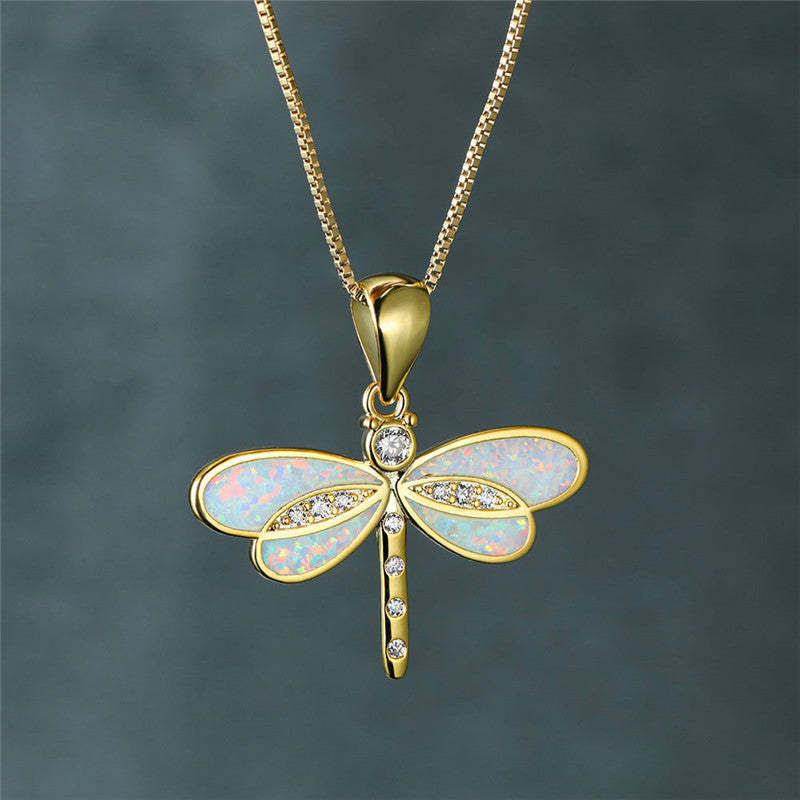 Dragonfly Necklace in Golden with Opal