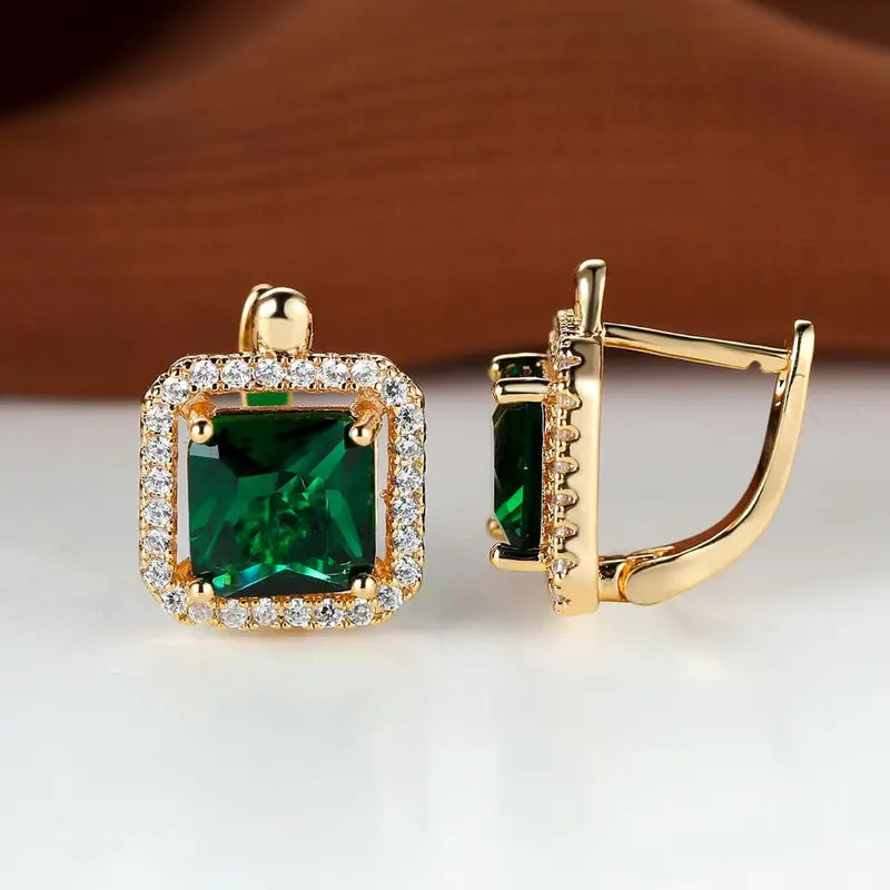 Golden Green Square Zirconia Earrings