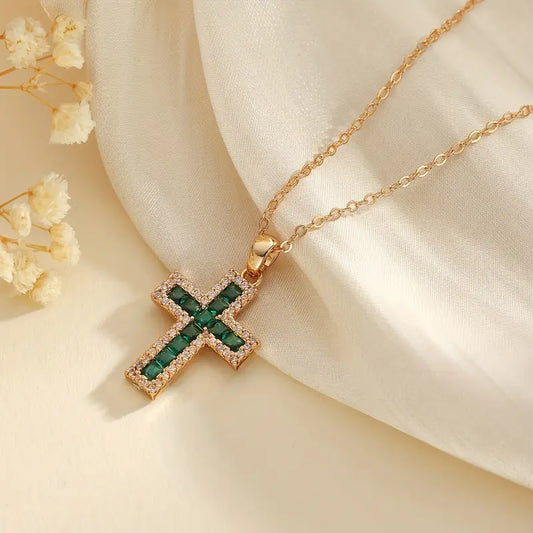 Solene Emerald Cross Pendant Necklace
