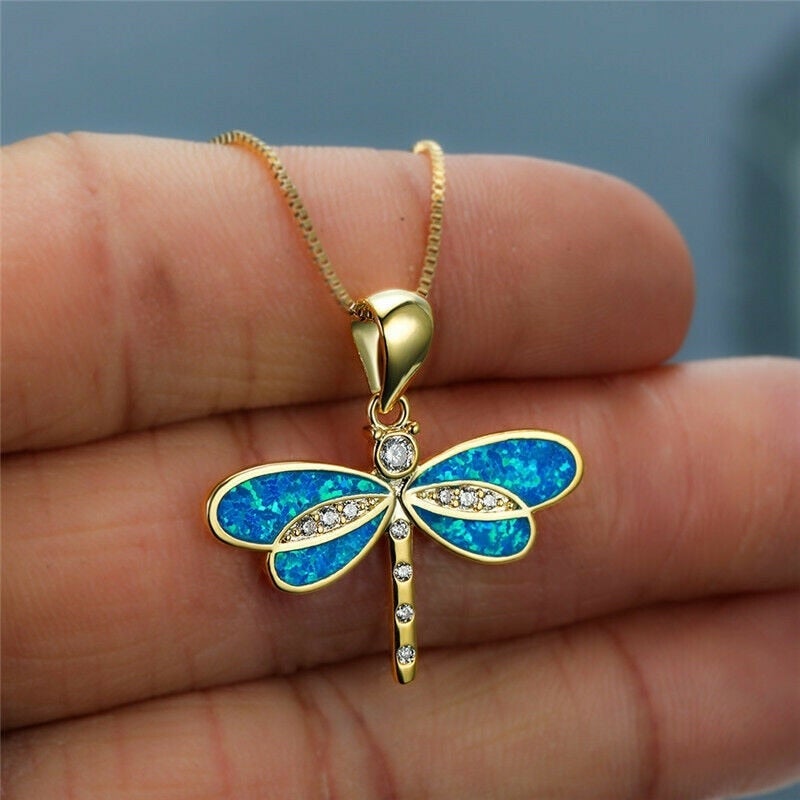Dragonfly Necklace in Golden with Opal