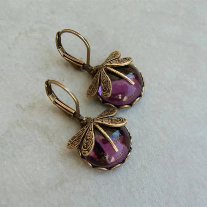 Spherical dragonfly earrings in antique golden