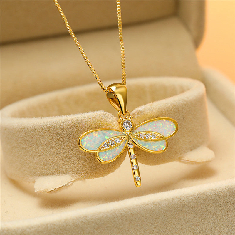 Dragonfly Necklace in Golden with Opal