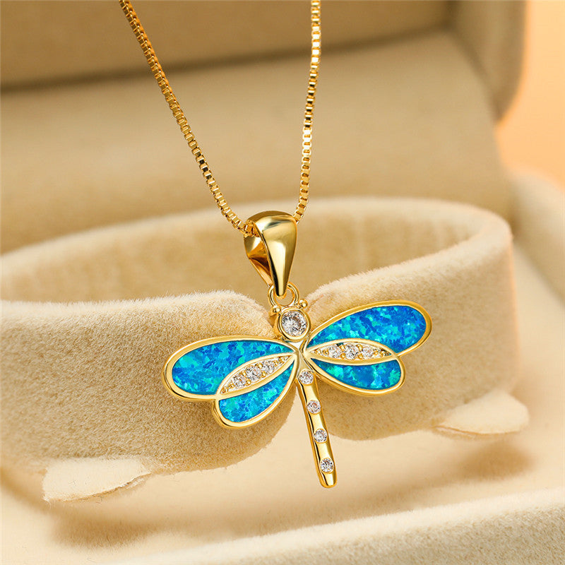 Dragonfly Necklace in Golden with Opal
